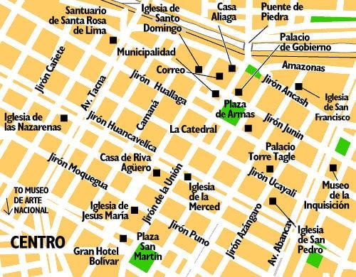 Carte du centre-ville de Lima, au pérou